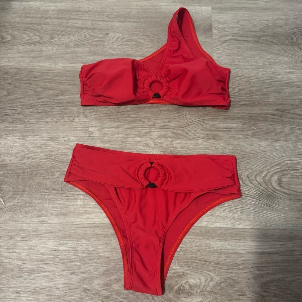 Red One-Shoulder High Waisted Bikini - Picture 2 of 7